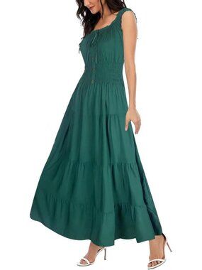 Women's Dark Green Boho Floral Maxi Summer Flowy Tiered Casual Long Dress